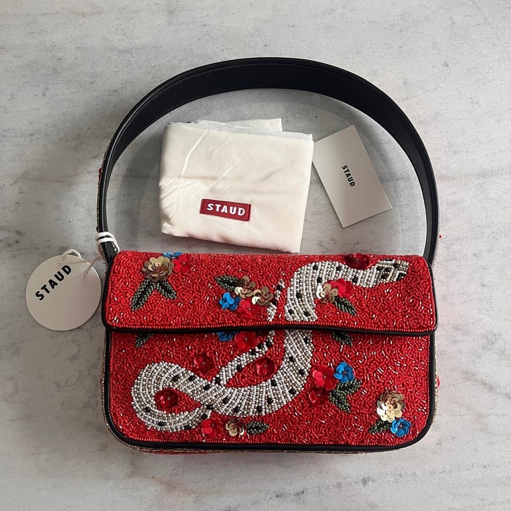STAUD Red Embellished Crossbody Bag